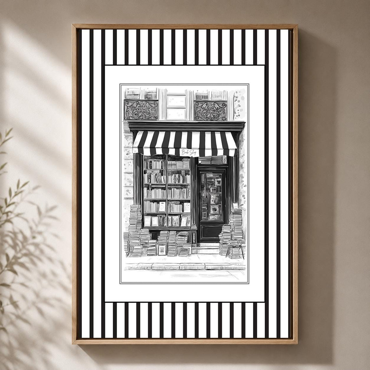 Vintage Bookshop Framed Canvas Art, Black and White Bookstore Print, Library Decor by The Wall Art Studio - physical