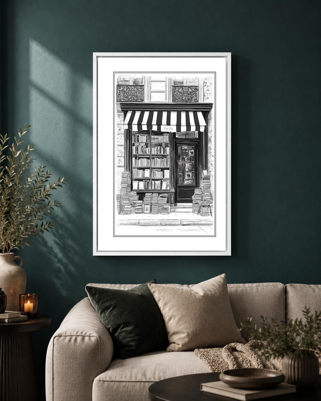 Vintage Bookshop Framed Canvas Art, Black and White Bookstore Print, Library Decor by The Wall Art Studio - physical