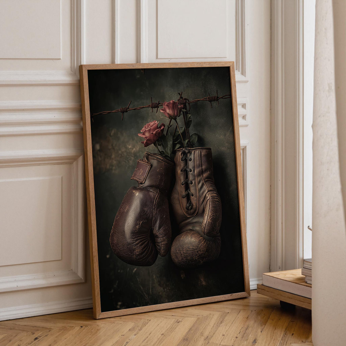 Vintage Boxing Gloves Print, Dark Moody Sports Decor, Retro Athletic Poster (Framed Option) by The Wall Art Studio - physical