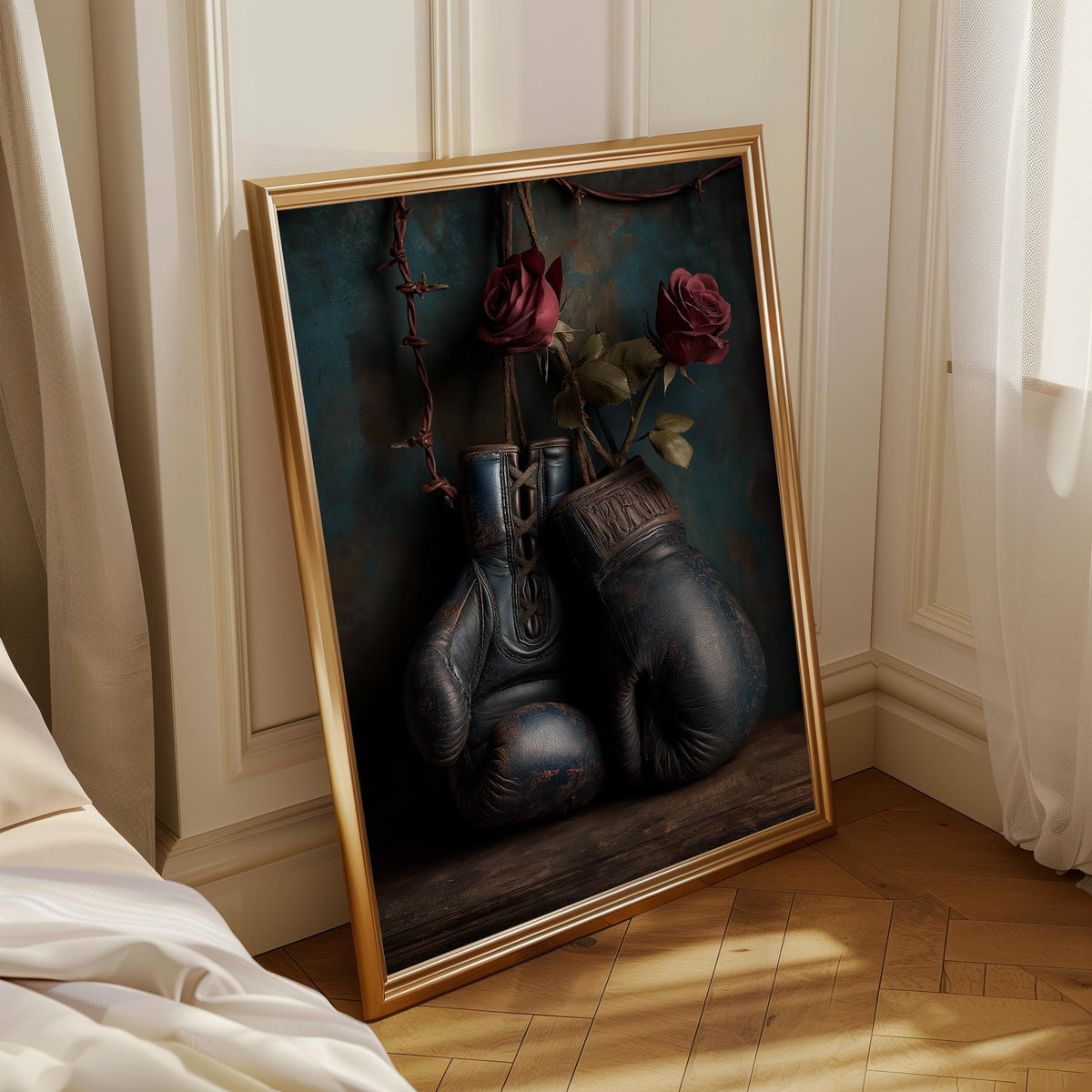Vintage Boxing Gloves Print, Dark Moody Sports Decor, Retro Athletic Poster (Framed Option) by The Wall Art Studio - physical