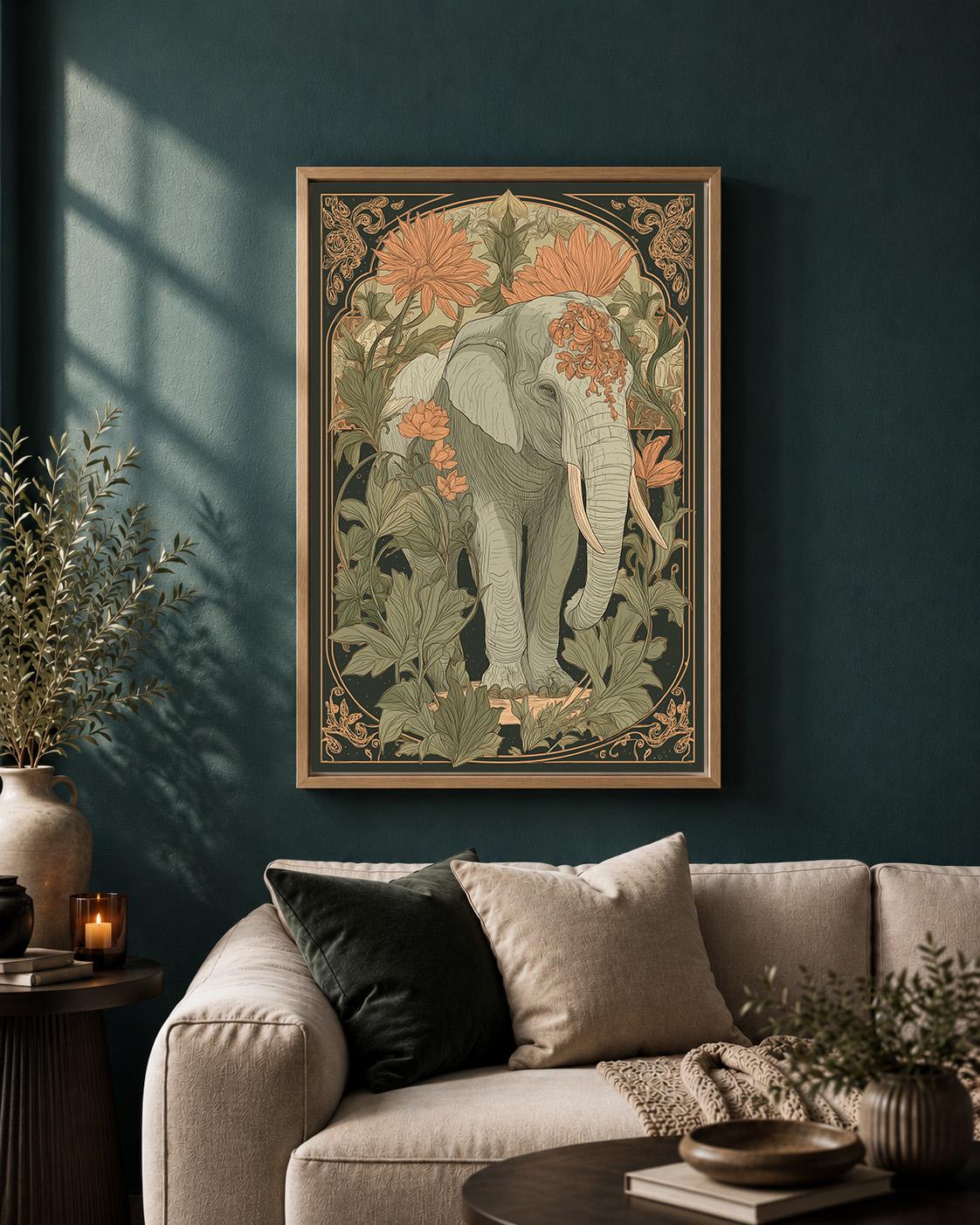 Vintage Elephant Art Nouveau Framed Canvas Wall Art, Botanical Safari Maximalist Decor by The Wall Art Studio - physical