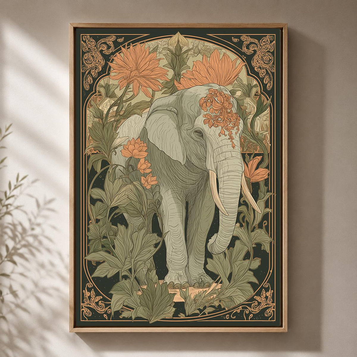Vintage Elephant Art Nouveau Framed Canvas Wall Art, Botanical Safari Maximalist Decor by The Wall Art Studio - physical