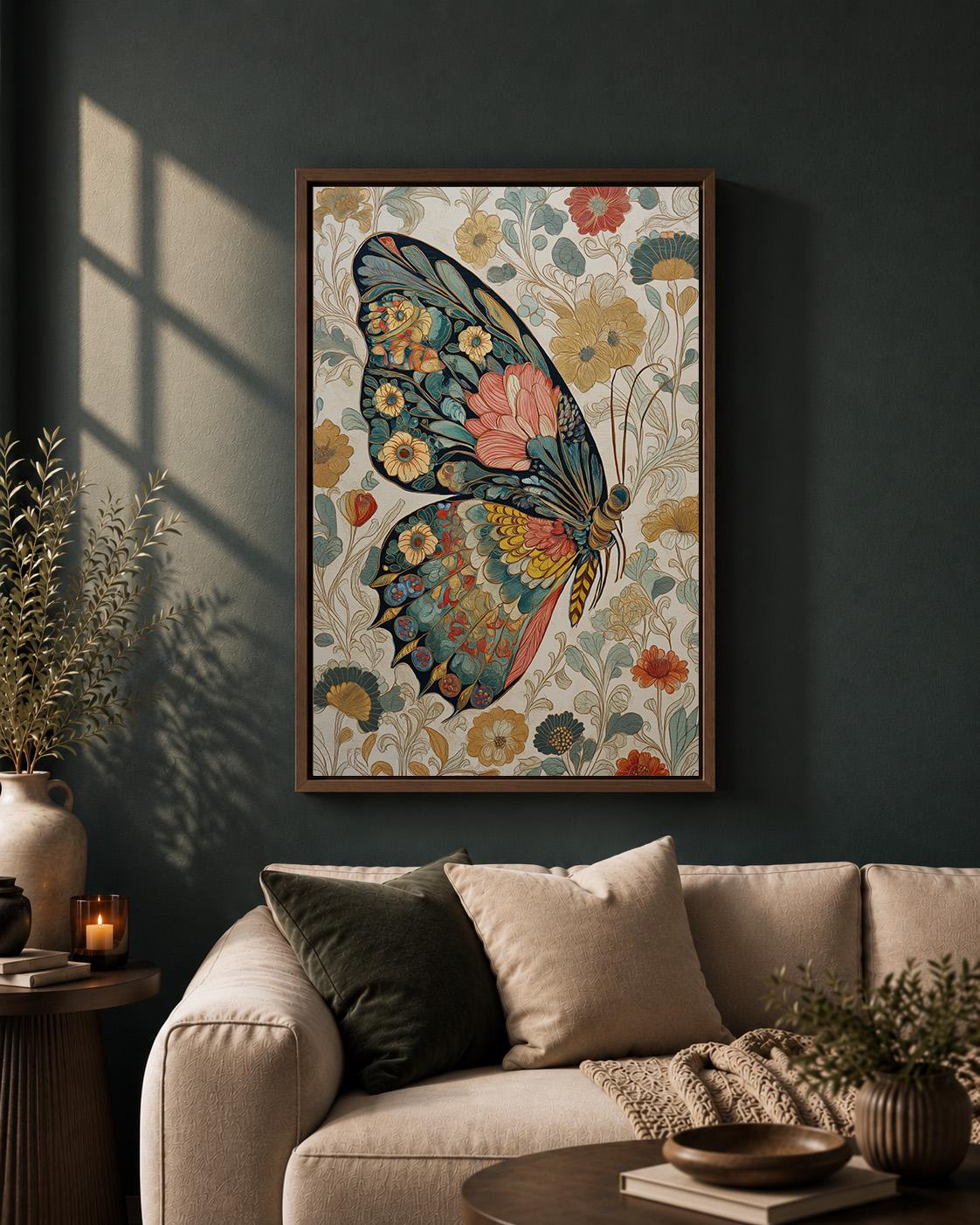 Vintage Floral Framed Butterfly Canvas Art, Cottagecore Botanical Wall Decor by The Wall Art Studio - physical
