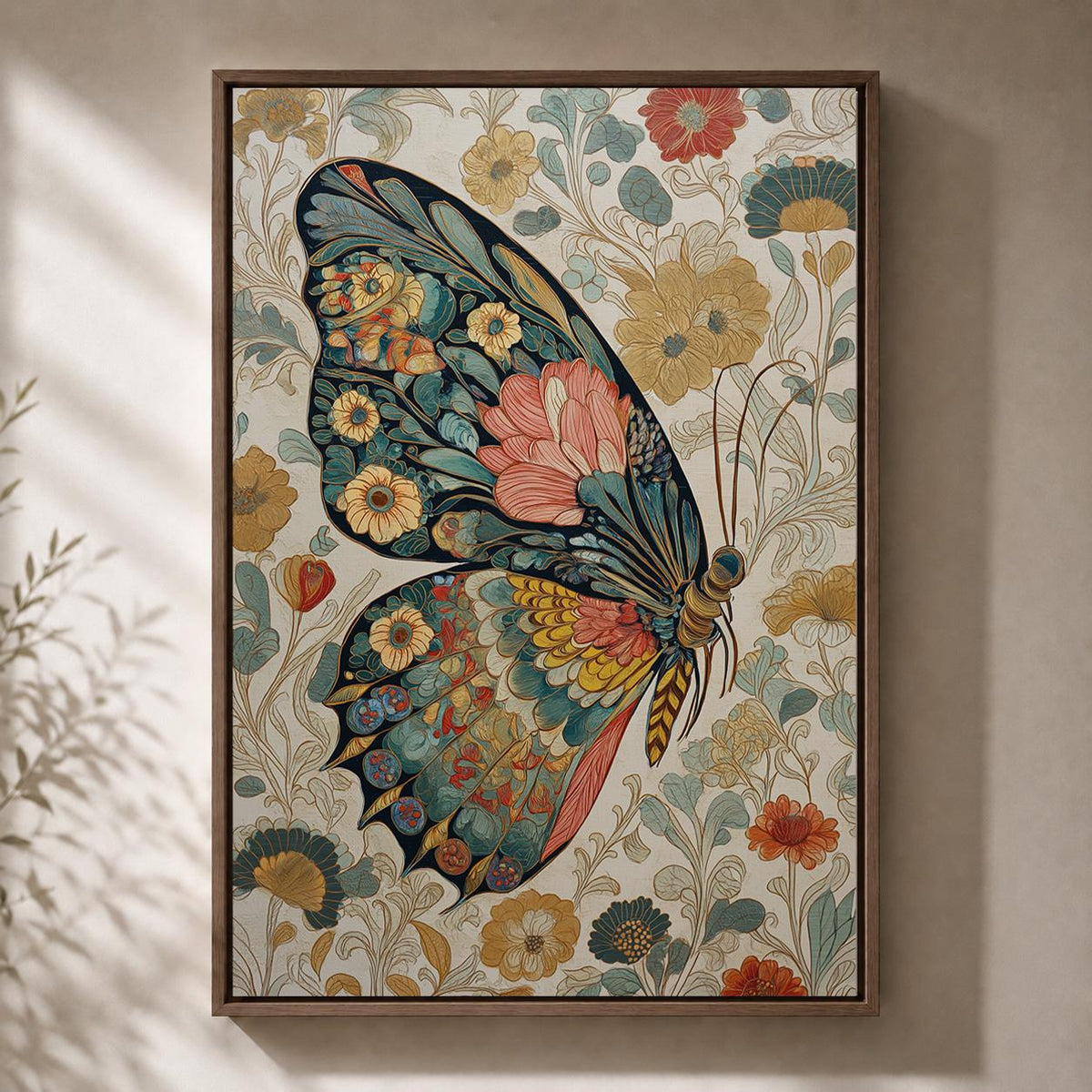 Vintage Floral Framed Butterfly Canvas Art, Cottagecore Botanical Wall Decor by The Wall Art Studio - physical