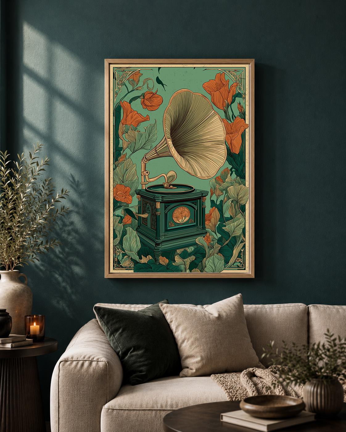 Vintage Gramophone Framed Canvas Art, Art Nouveau Phonograph Print, Botanical Music Wall Decor by The Wall Art Studio - ph...