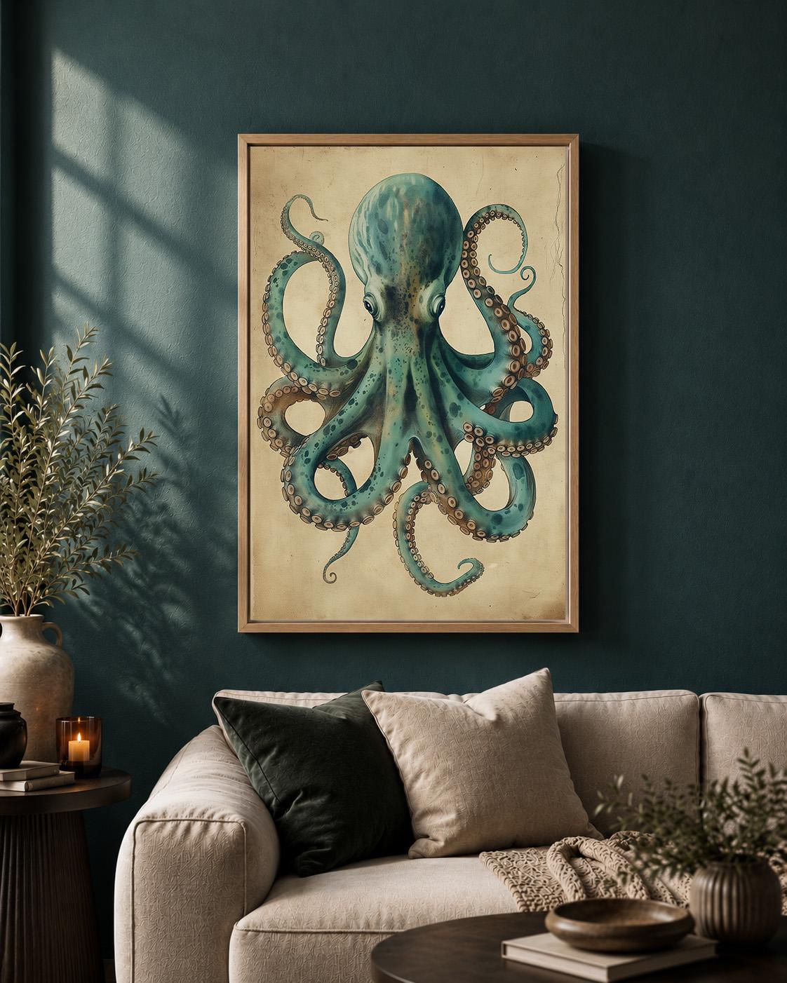 Vintage Octopus Framed Canvas Art, Coastal Nautical Print, Antique Sea Creature Wall Decor by The Wall Art Studio - physical