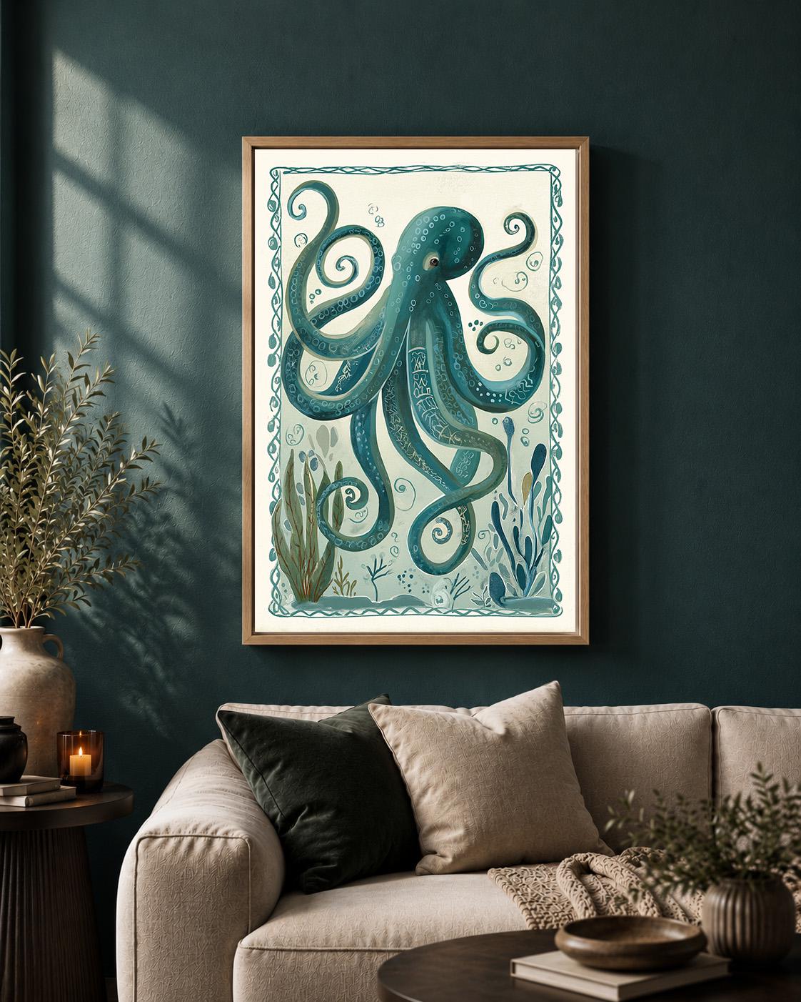 Vintage Octopus Framed Canvas Art, Coastal Sea Creature Print, Nautical Beach House Decor by The Wall Art Studio - physical
