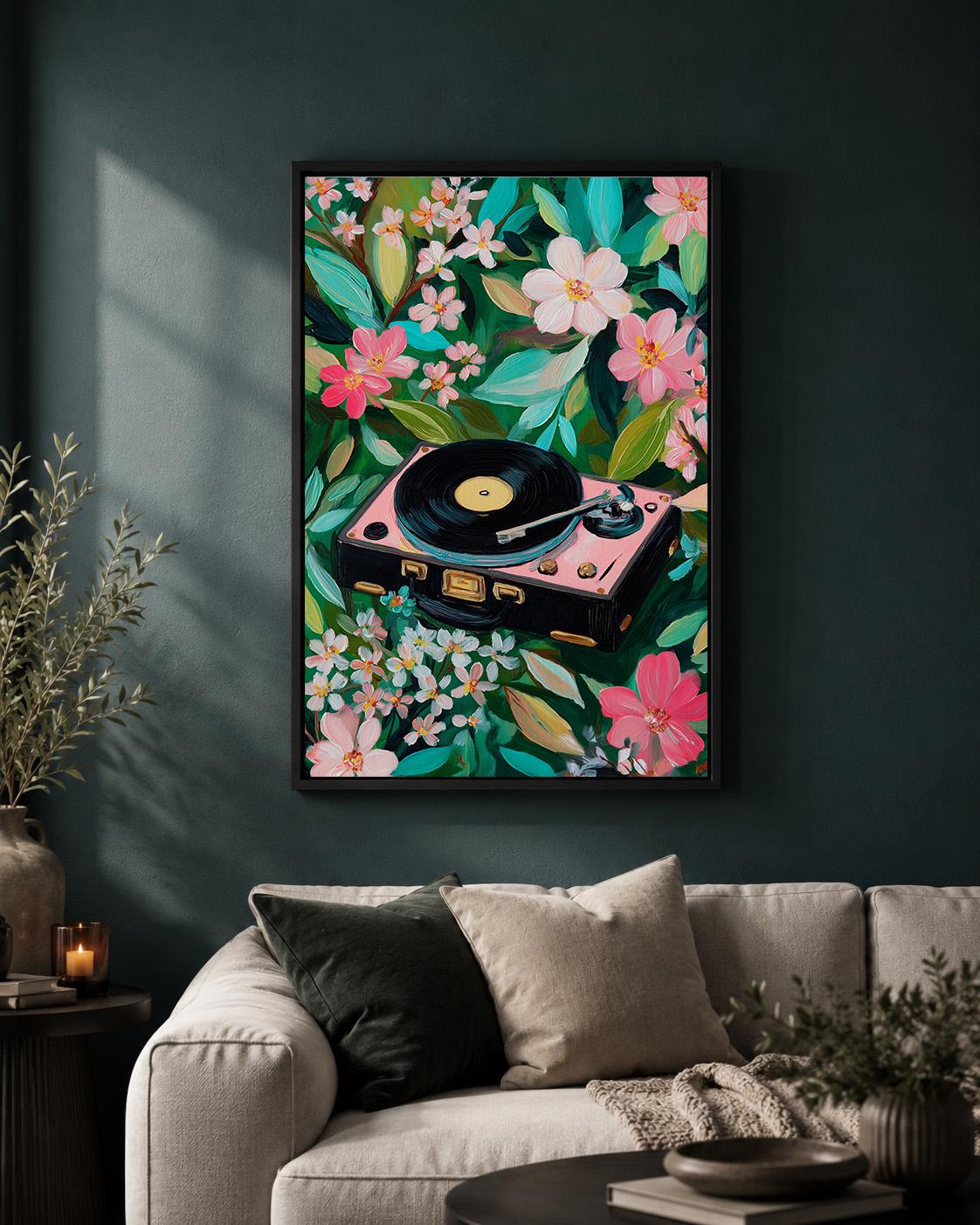 Vintage Record Player Floral Framed Canvas Art, Retro Turntable Music Lover Wall Decor by The Wall Art Studio - physical