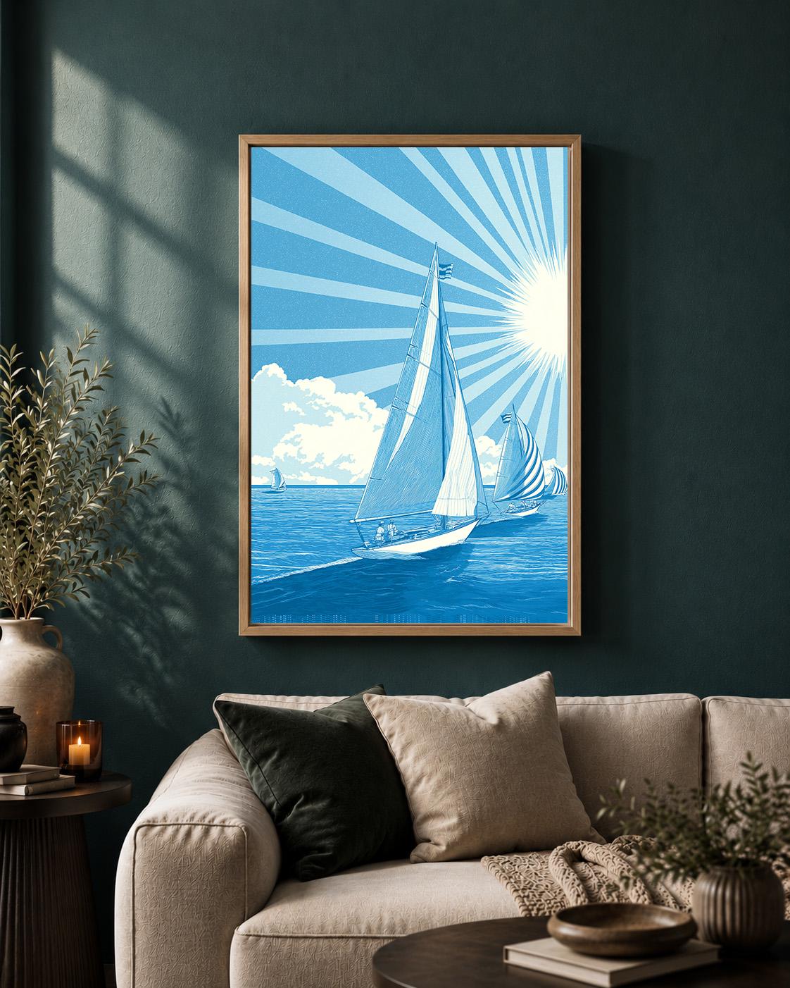 Vintage Sailing Framed Canvas Wall Art, Coastal Nautical Framed Canvas, Blue Sailboat Canvas Wall Art, Beach House Decor b...