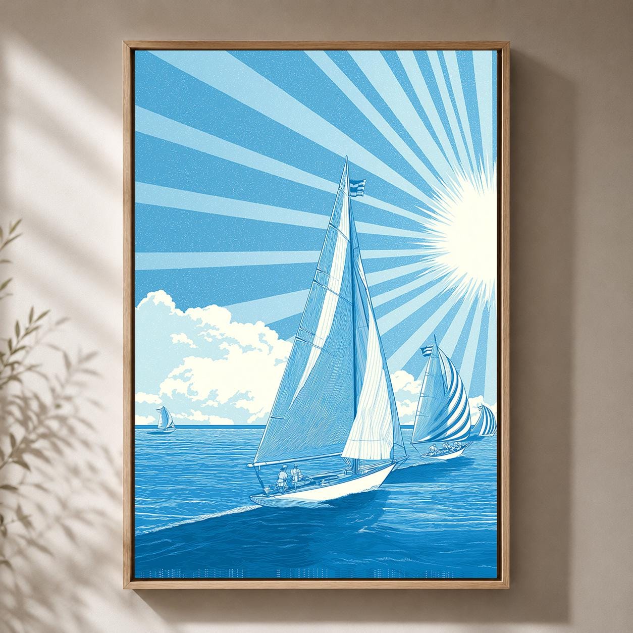 Vintage Sailing Framed Canvas Wall Art, Coastal Nautical Framed Canvas, Blue Sailboat Canvas Wall Art, Beach House Decor b...