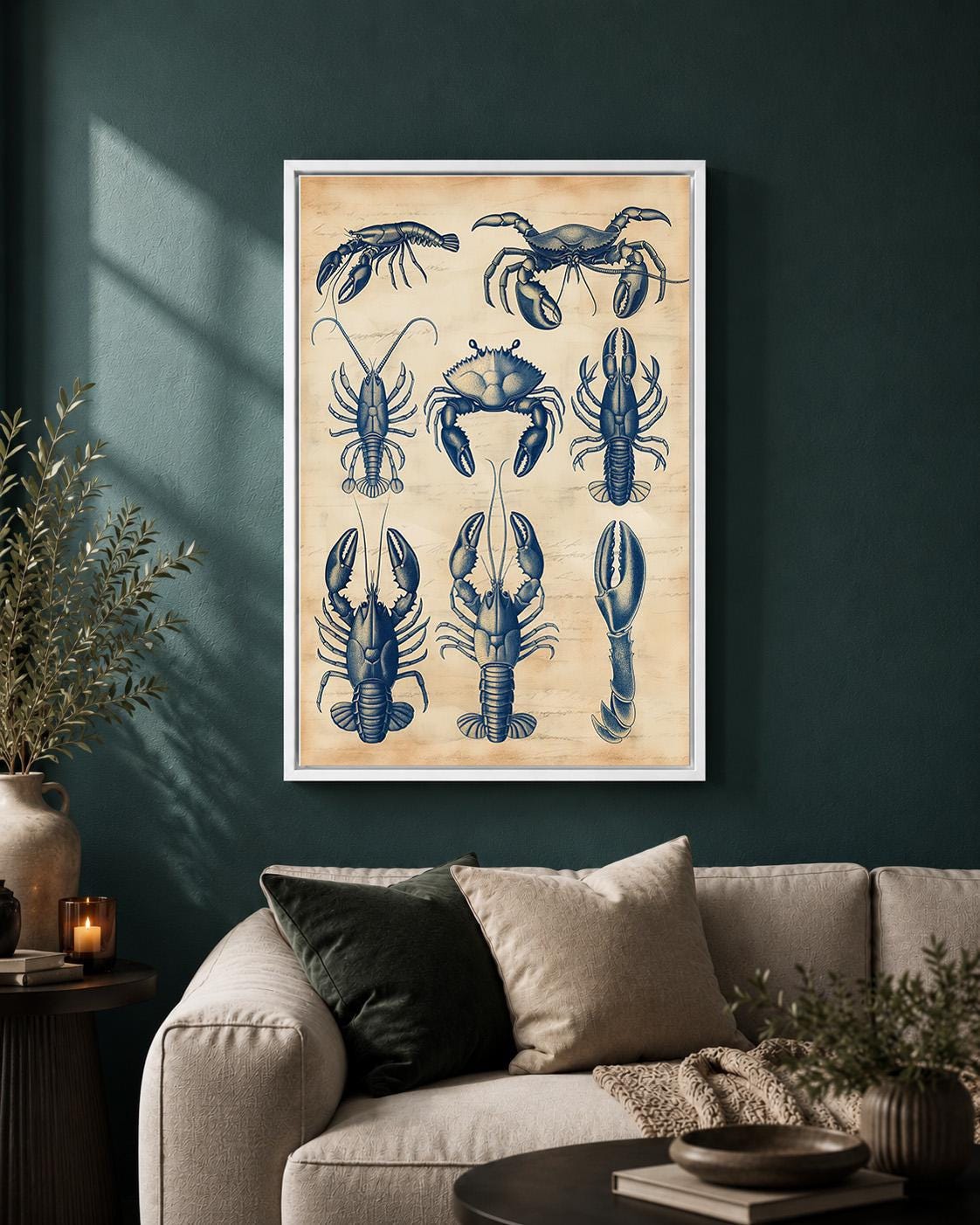 Vintage Seafood Anatomy Framed Canvas, Coastal Lobster Crab Nautical Wall Art by The Wall Art Studio - physical