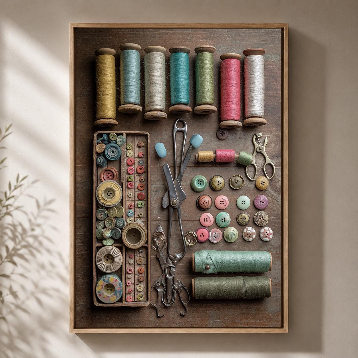 Vintage Sewing Supplies Framed Canvas Art, Tailor Studio Decor Print by The Wall Art Studio - physical