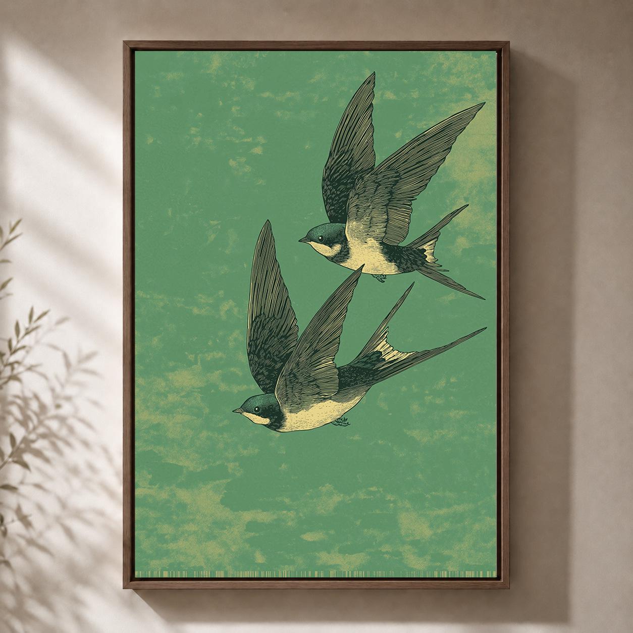 Vintage Swallow Framed Canvas Art, Japanese Inspired Bird Print, Sage Green Nature Decor by The Wall Art Studio - physical
