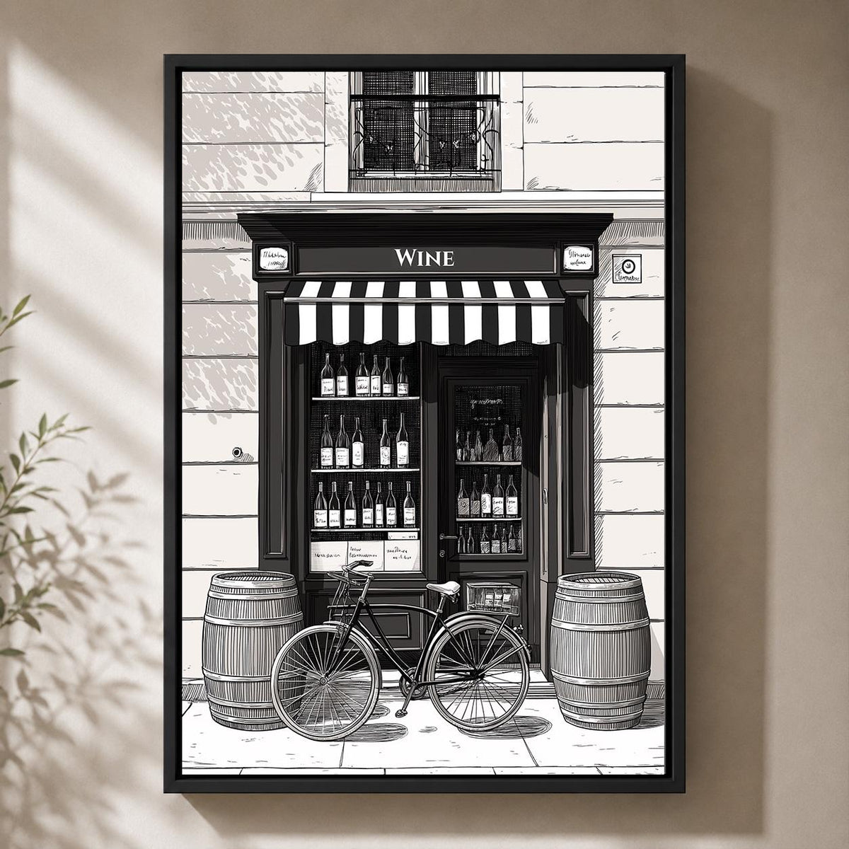 Vintage Wine Shop Framed Canvas Art, Paris Bistro Bicycle Print, French Street Sketch Decor by The Wall Art Studio - physical