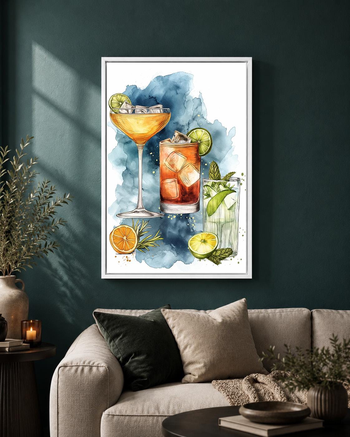 Watercolor Cocktail Framed Canvas, Bar Cart Print, Margarita Mojito Artwork, Kitchen Decor by The Wall Art Studio - physical