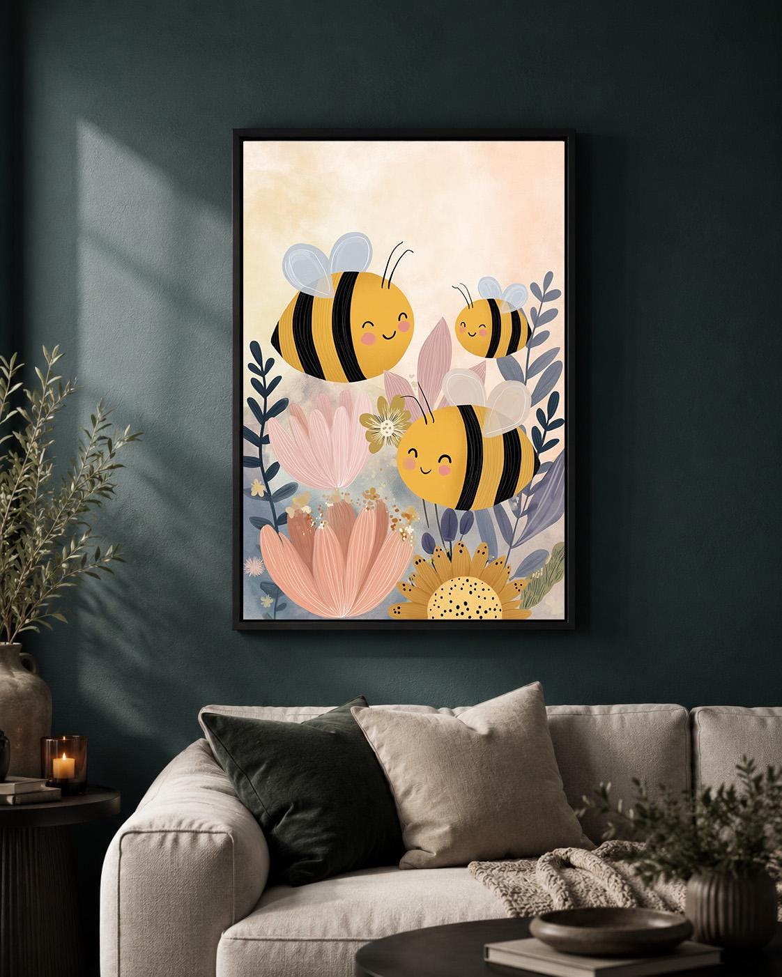 Whimsical Bee Floral Framed Canvas Art, Nursery Animal Print, Baby Kids Room Decor by The Wall Art Studio - physical