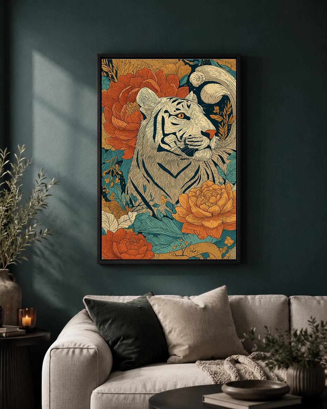 White Tiger Floral Framed Canvas Art, Boho Jungle Animal Print, Folk Style Wall Decor by The Wall Art Studio - physical
