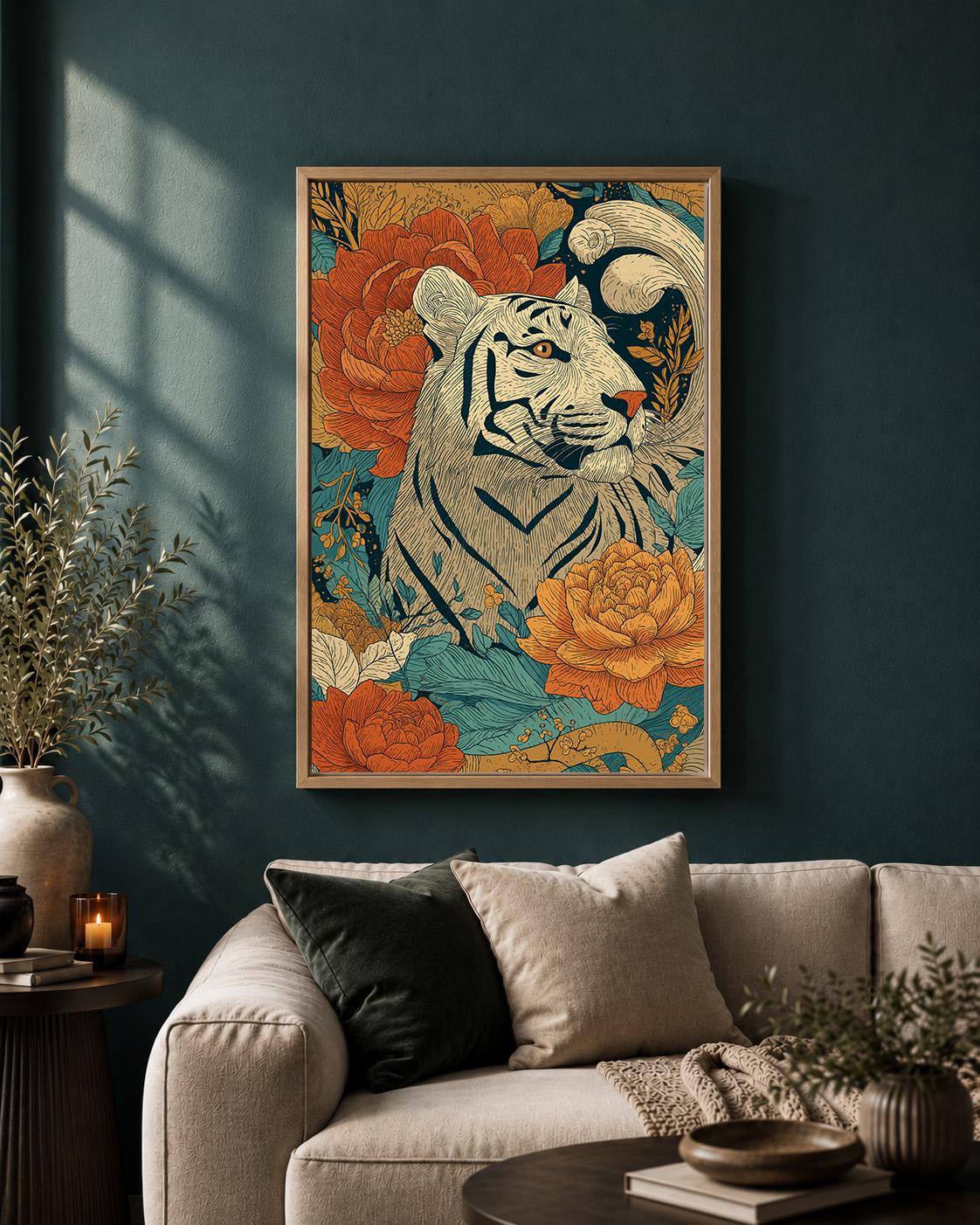 White Tiger Floral Framed Canvas Art, Boho Jungle Animal Print, Folk Style Wall Decor by The Wall Art Studio - physical