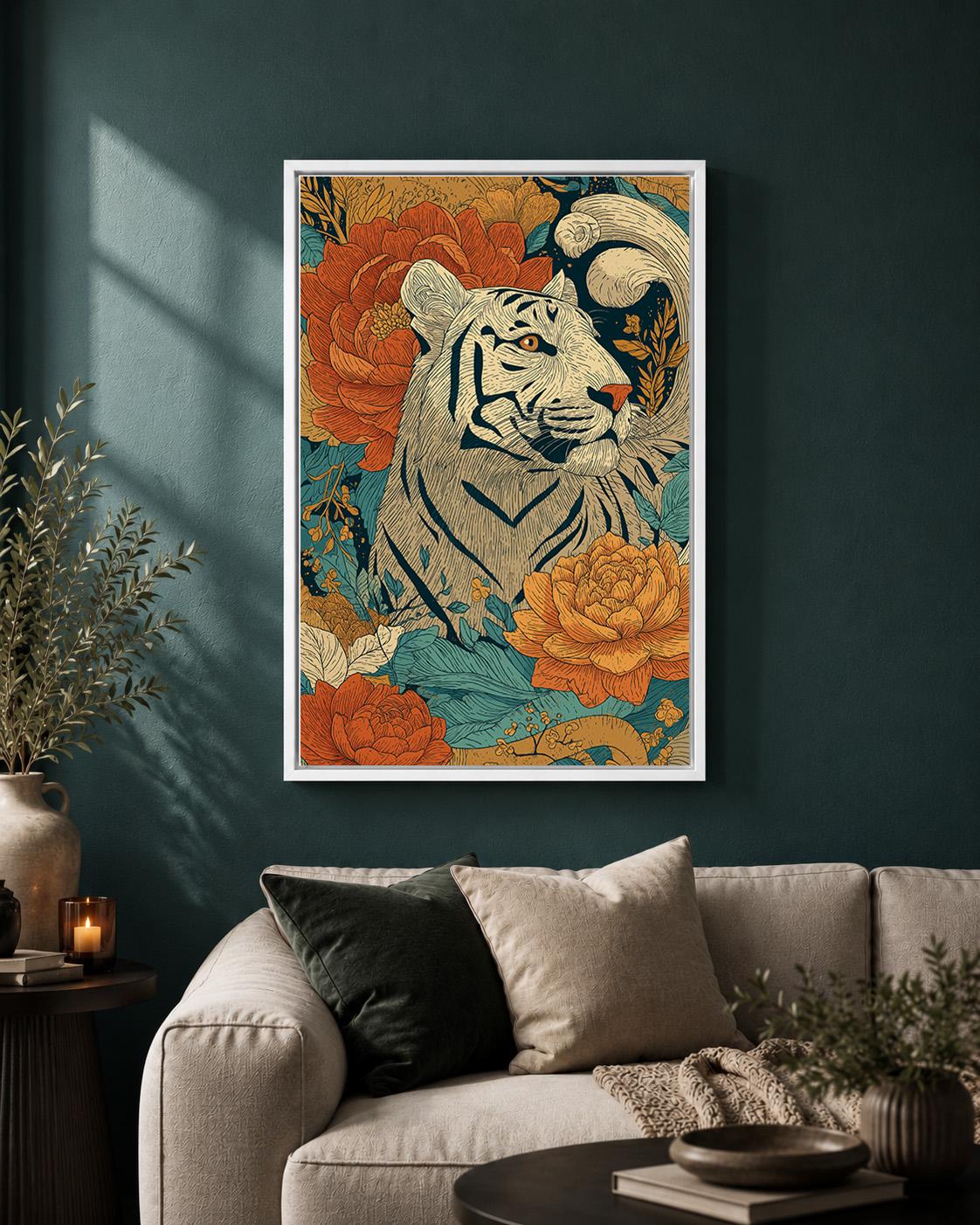 White Tiger Floral Framed Canvas Art, Boho Jungle Animal Print, Folk Style Wall Decor by The Wall Art Studio - physical
