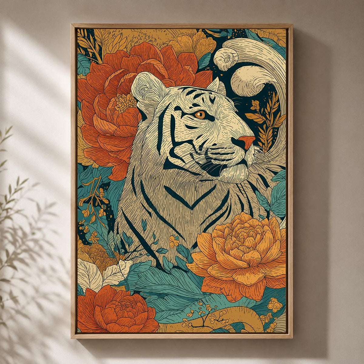 White Tiger Floral Framed Canvas Art, Boho Jungle Animal Print, Folk Style Wall Decor by The Wall Art Studio - physical