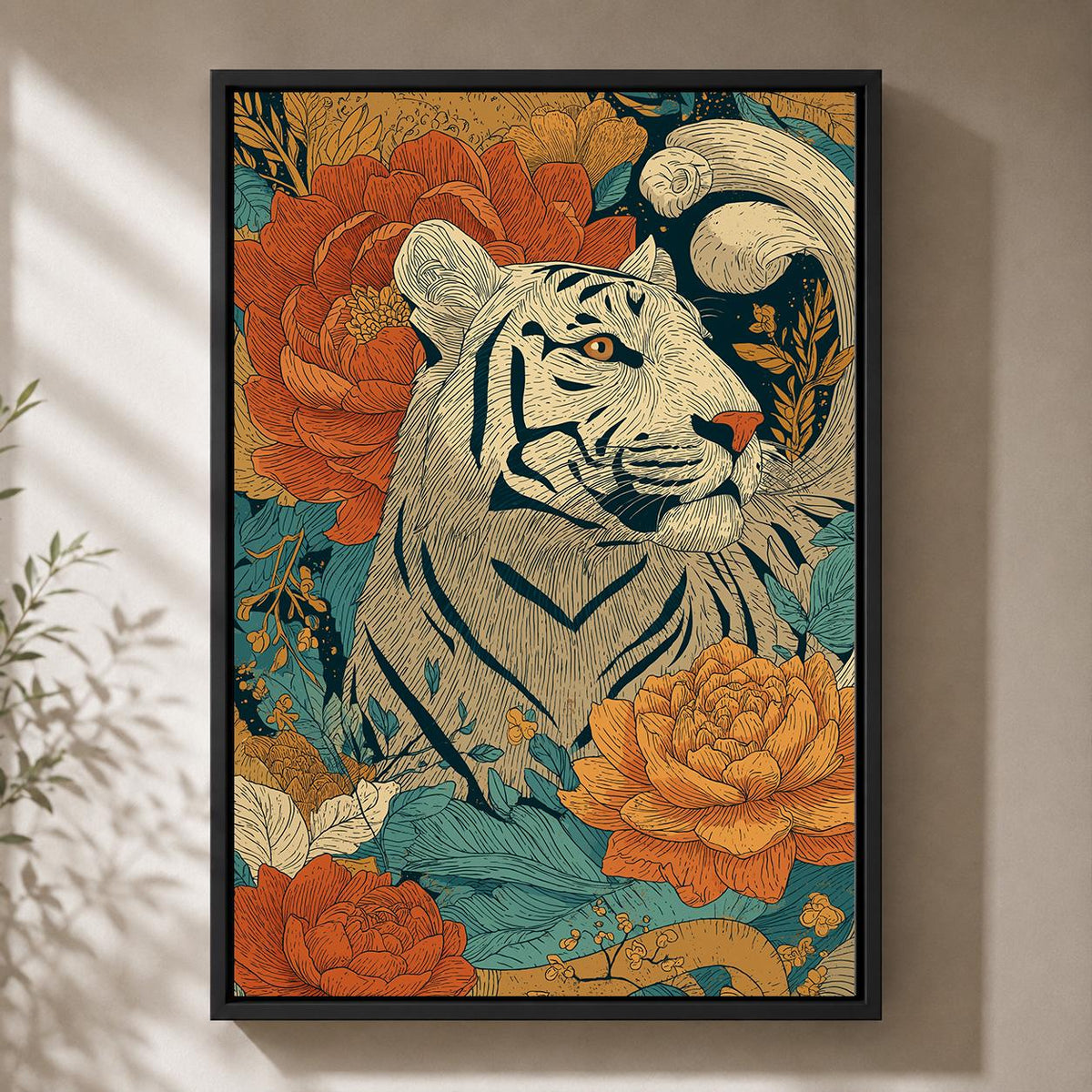 White Tiger Floral Framed Canvas Art, Boho Jungle Animal Print, Folk Style Wall Decor by The Wall Art Studio - physical