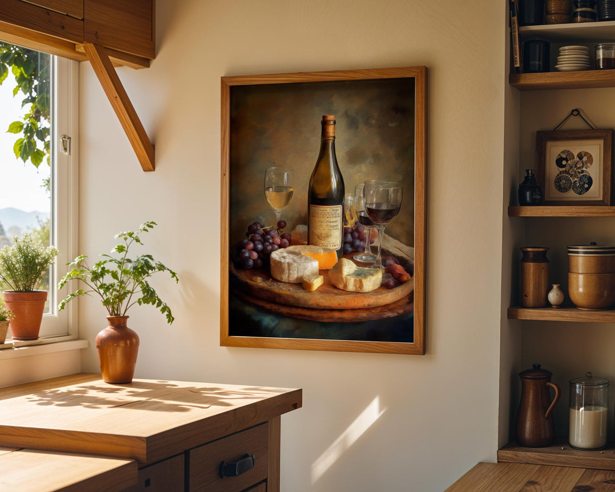 Wine and Cheese Wall Art Print | Rustic Kitchen Dining Room Décor | Still Life Vineyard Artwork | Wine Lover Gift | French...