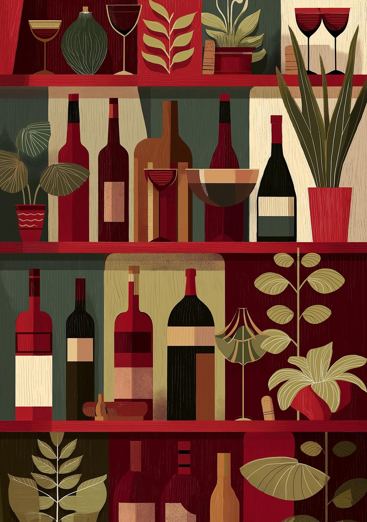 Wine Bottle Illustration Print, Modern Kitchen Bar Cart Decor, Wine Lover Gift by The Wall Art Studio - physical