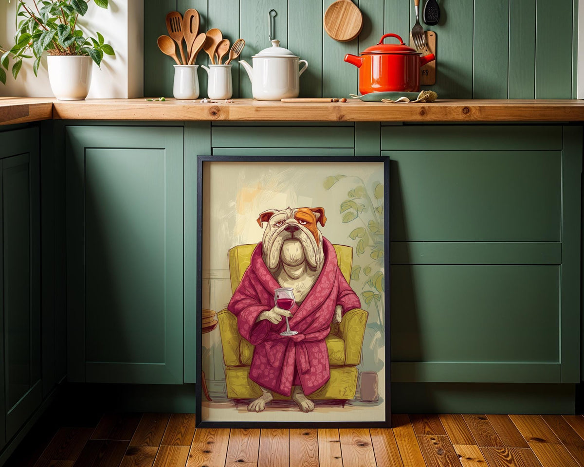 Wine Bulldog Art Print • Funny Dog Drinking Wine Wall Art • Relaxing Bulldog Illustration in Robe • Whimsical Animal Décor...
