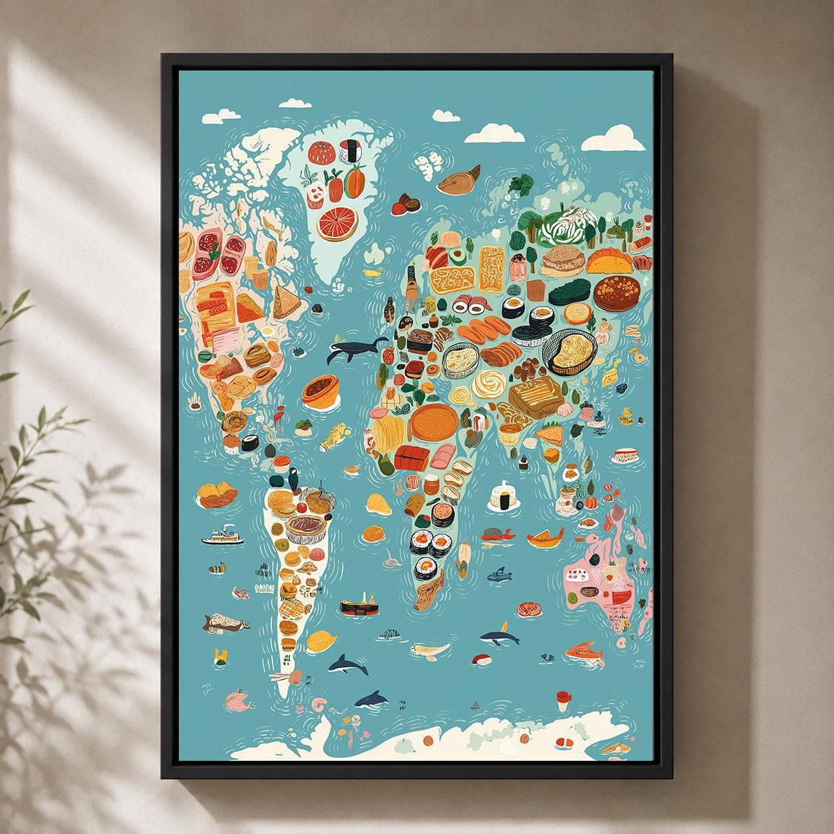 World Food Map Framed Canvas Wall Art, Culinary World Map Framed Canvas, Kitchen Decor, Travel Food Illustration, Chef Gif...