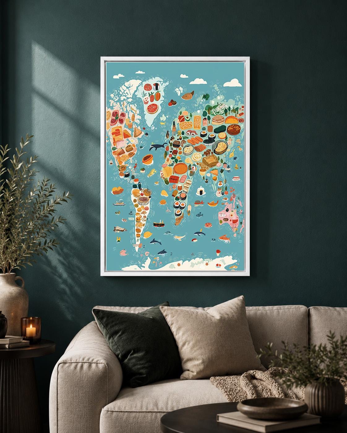 World Food Map Framed Canvas Wall Art, Culinary World Map Framed Canvas, Kitchen Decor, Travel Food Illustration, Chef Gif...