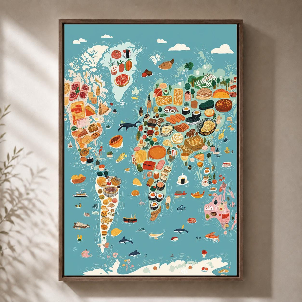 World Food Map Framed Canvas Wall Art, Culinary World Map Framed Canvas, Kitchen Decor, Travel Food Illustration, Chef Gif...