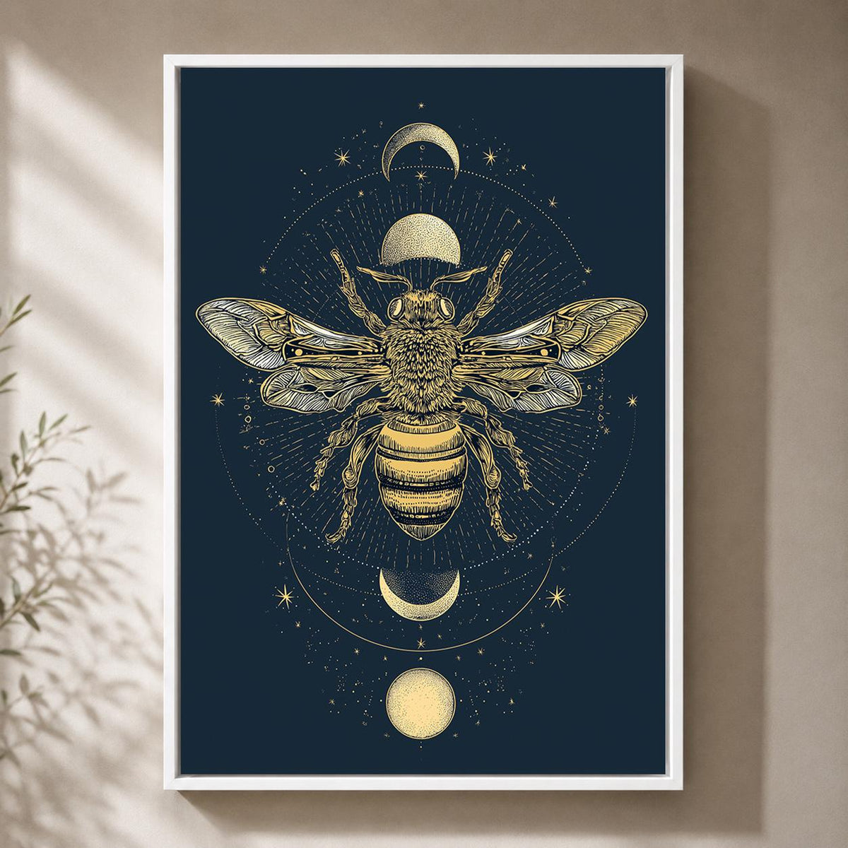 Celestial Bee Moon Phase Framed Canvas Art, Mystic Botanical Insect Wall Decor by The Wall Art Studio - physical