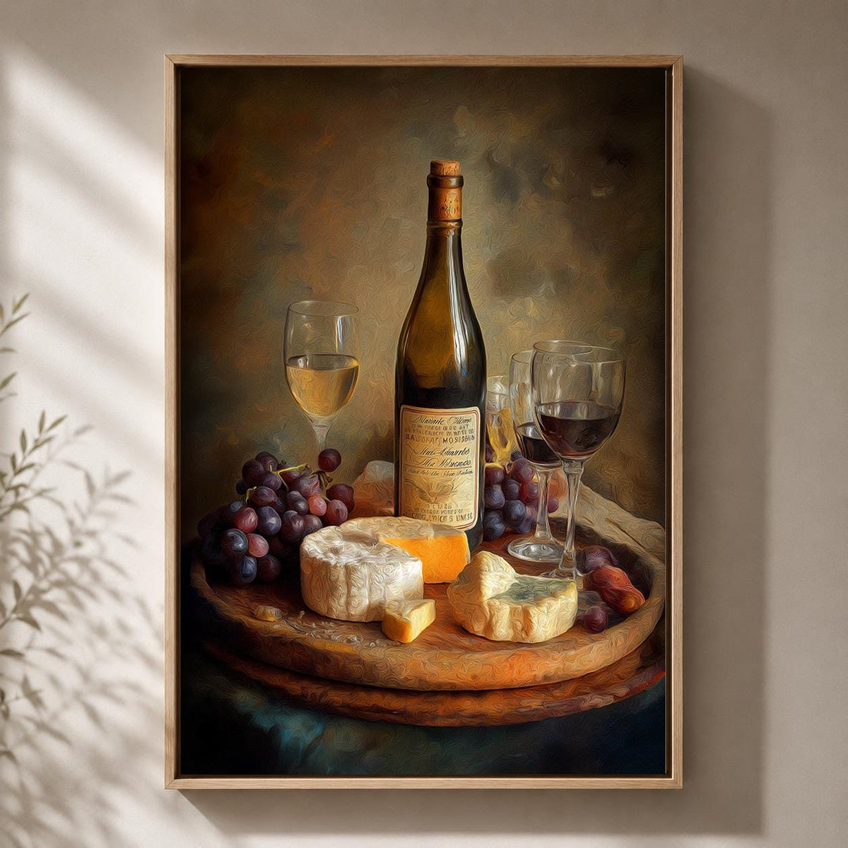Vintage Wine and Cheese Still Life Rustic Kitchen Framed Canvas by The Wall Art Studio - physical