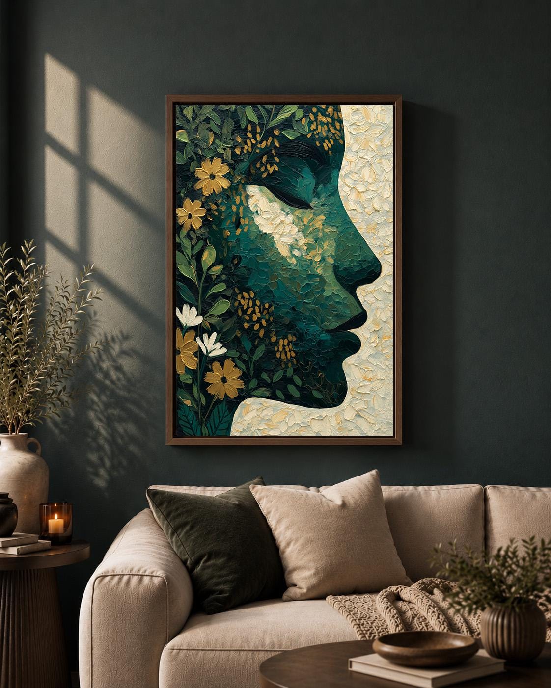 Abstract Botanical Face Framed Canvas Art, Moody Green Floral Portrait, Feminine Decor by The Wall Art Studio - physical