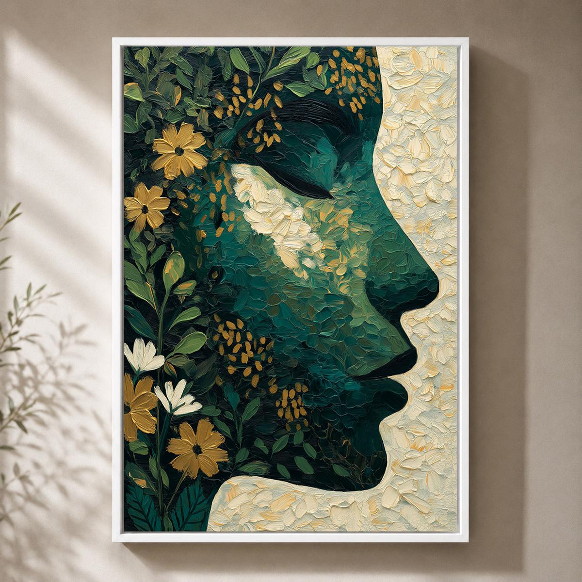 Abstract Botanical Face Framed Canvas Art, Moody Green Floral Portrait, Feminine Decor by The Wall Art Studio - physical