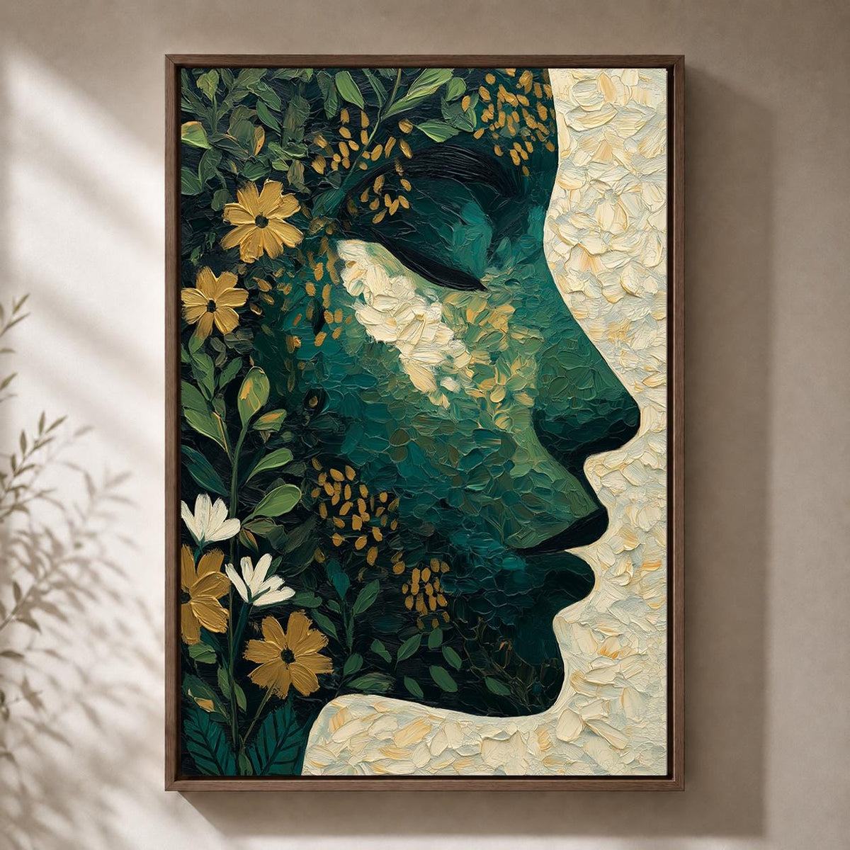 Abstract Botanical Face Framed Canvas Art, Moody Green Floral Portrait, Feminine Decor by The Wall Art Studio - physical