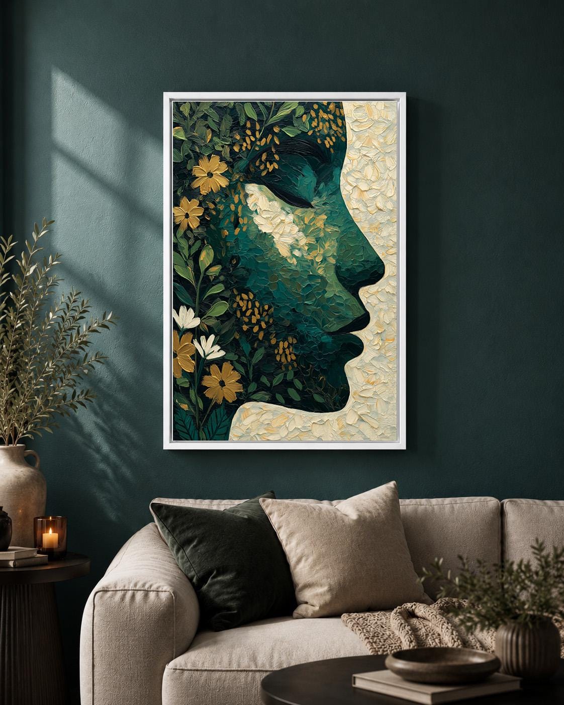 Abstract Botanical Face Framed Canvas Art, Moody Green Floral Portrait, Feminine Decor by The Wall Art Studio - physical
