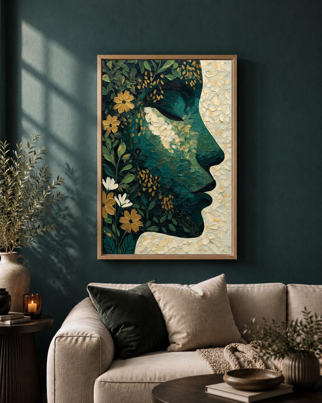 Abstract Botanical Face Framed Canvas Art, Moody Green Floral Portrait, Feminine Decor by The Wall Art Studio - physical