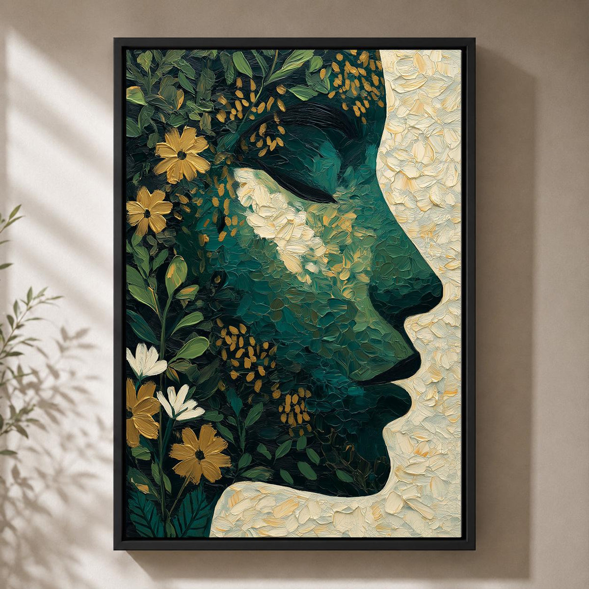 Abstract Botanical Face Framed Canvas Art, Moody Green Floral Portrait, Feminine Decor by The Wall Art Studio - physical