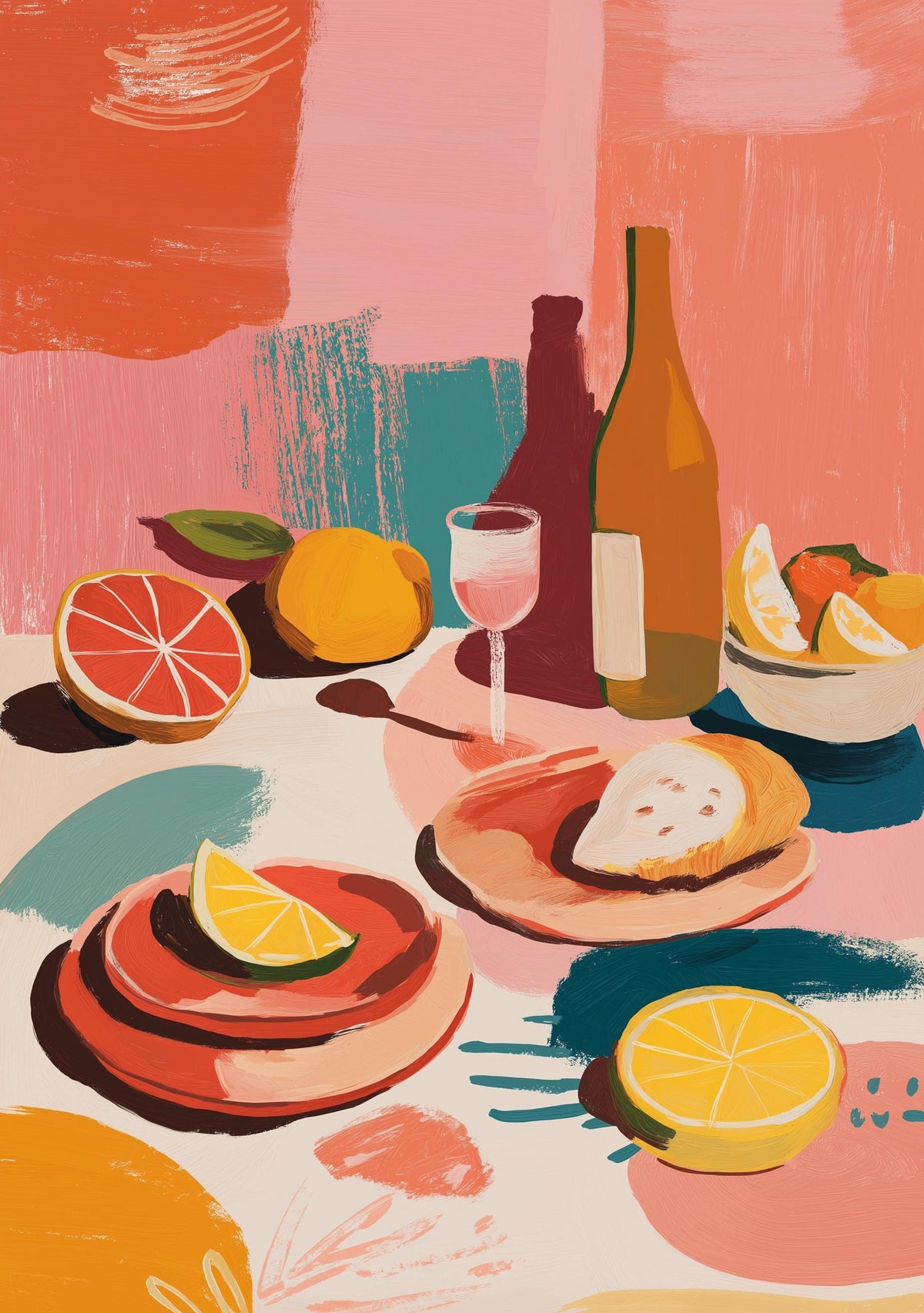 Abstract Food Print, Mediterranean Lemon Wine Poster, Colorful Kitchen Art by The Wall Art Studio - physical