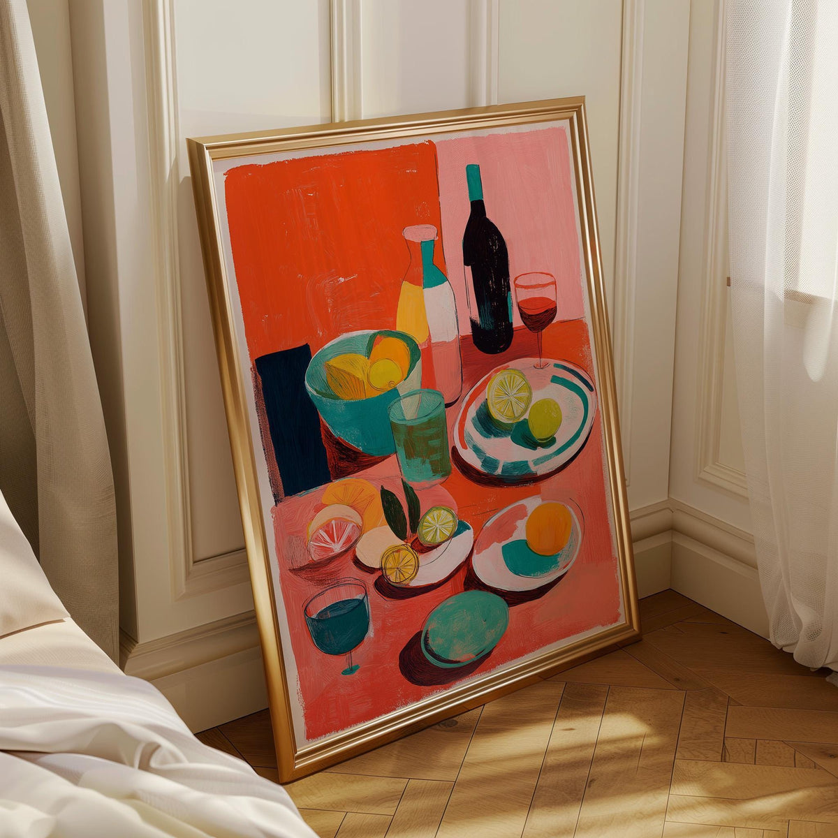 Abstract Food Print, Mediterranean Lemon Wine Poster, Colorful Kitchen Art by The Wall Art Studio - physical