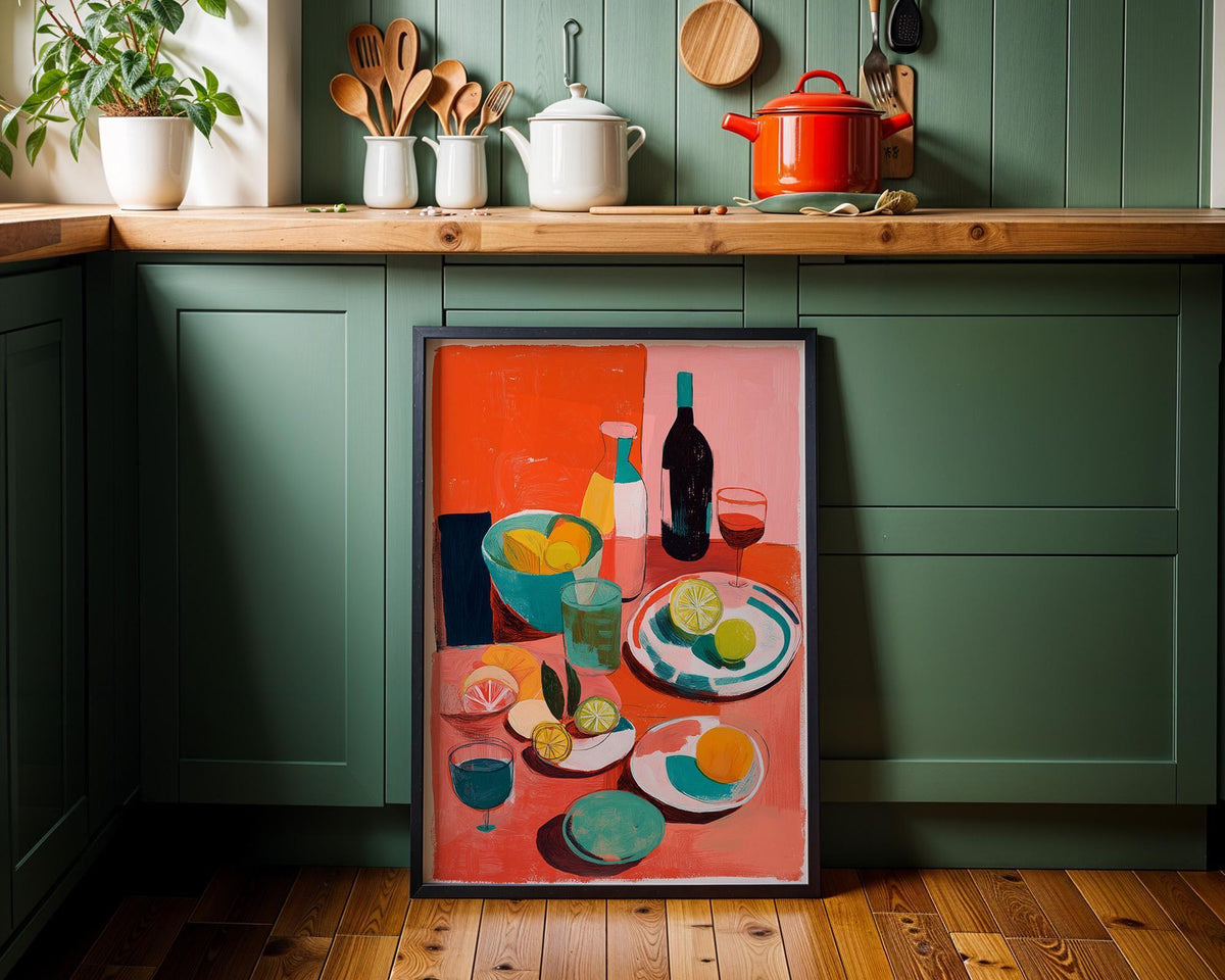 Abstract Food Print, Mediterranean Lemon Wine Poster, Colorful Kitchen Art by The Wall Art Studio - physical