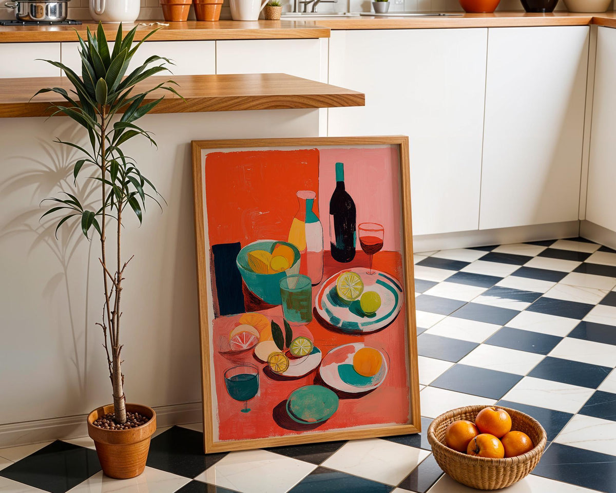 Abstract Food Print, Mediterranean Lemon Wine Poster, Colorful Kitchen Art by The Wall Art Studio - physical
