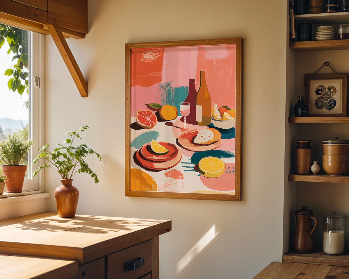 Abstract Food Print, Mediterranean Lemon Wine Poster, Colorful Kitchen Art by The Wall Art Studio - physical