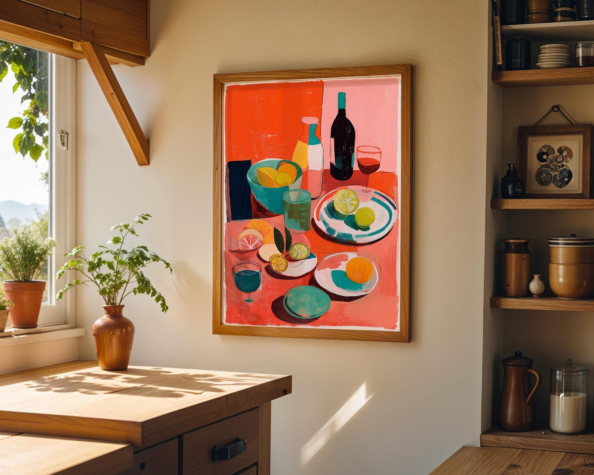 Abstract Food Print, Mediterranean Lemon Wine Poster, Colorful Kitchen Art by The Wall Art Studio - physical