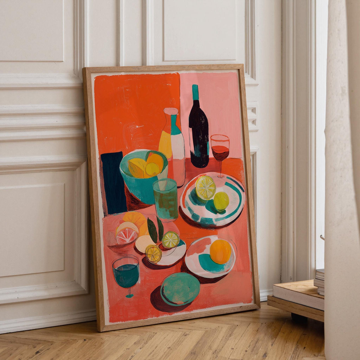 Abstract Food Print, Mediterranean Lemon Wine Poster, Colorful Kitchen Art by The Wall Art Studio - physical
