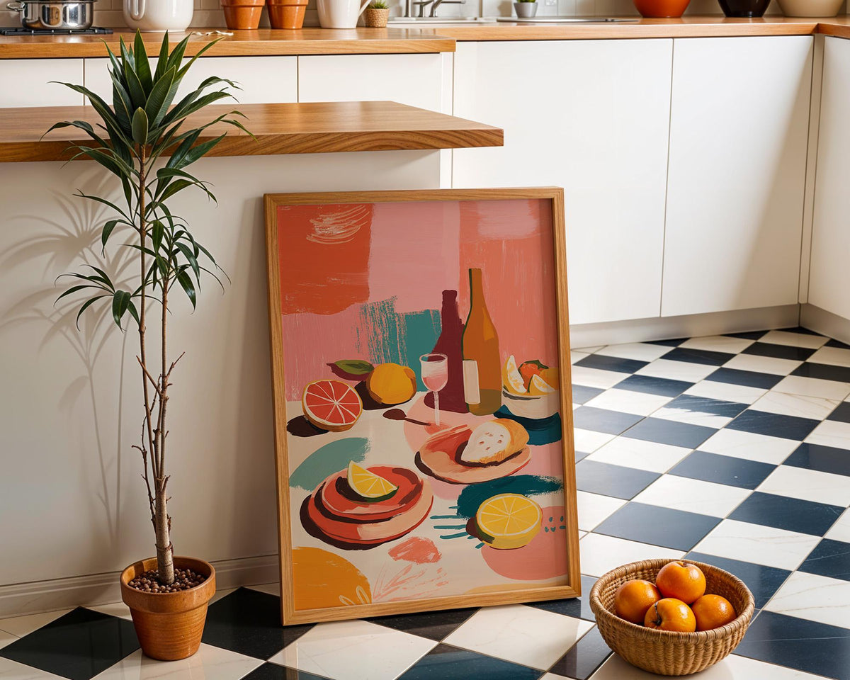 Abstract Food Print, Mediterranean Lemon Wine Poster, Colorful Kitchen Art by The Wall Art Studio - physical