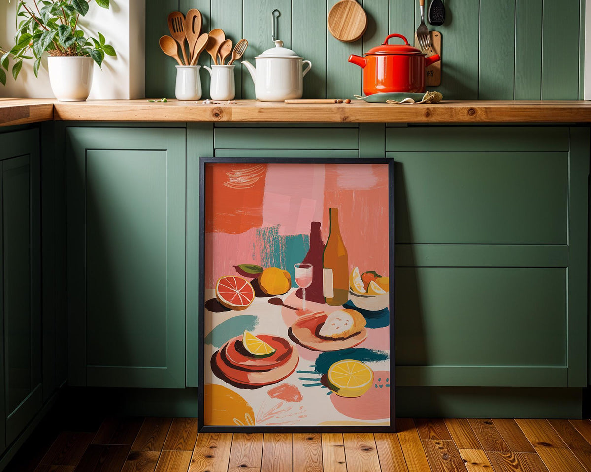 Abstract Food Print, Mediterranean Lemon Wine Poster, Colorful Kitchen Art by The Wall Art Studio - physical