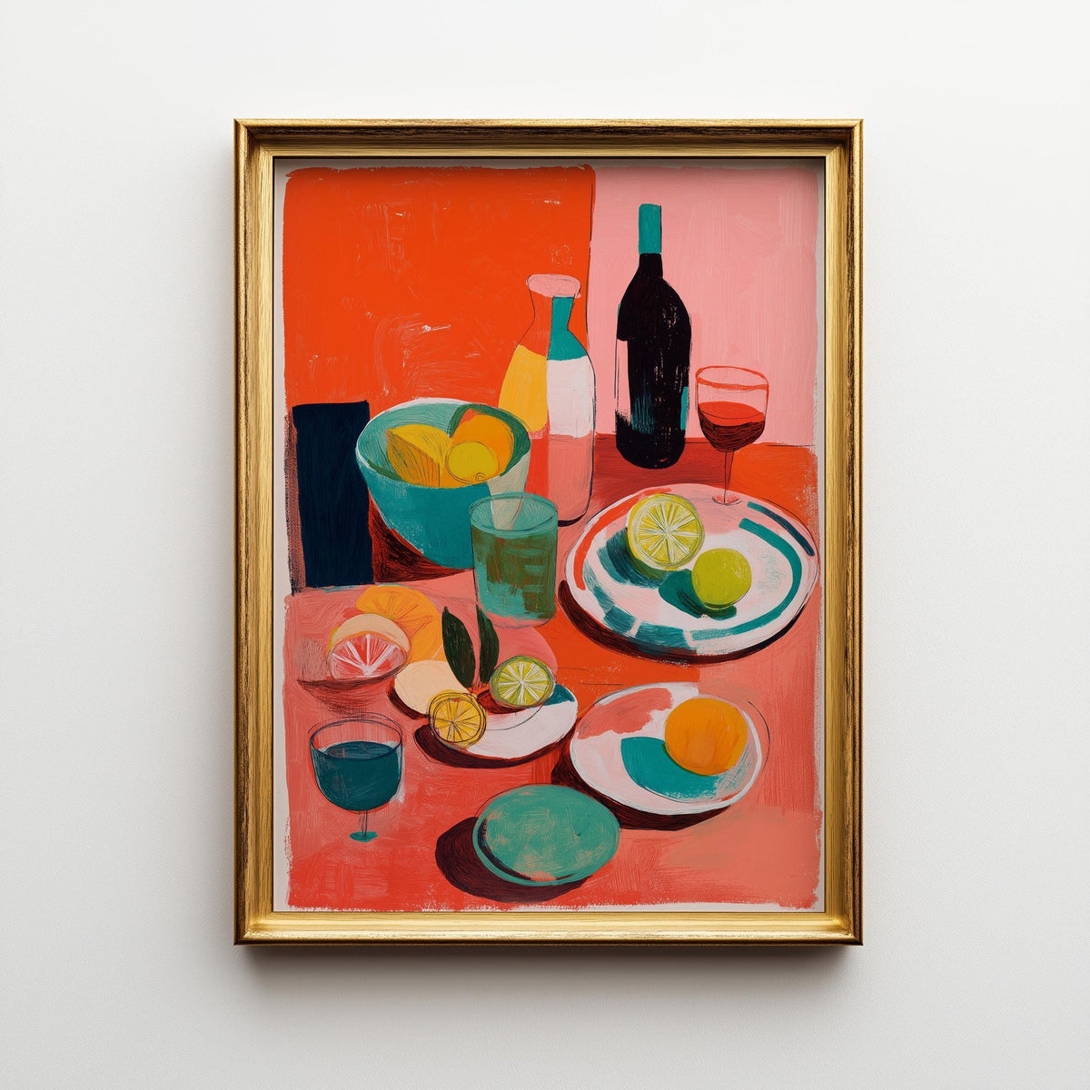 Abstract Food Print, Mediterranean Lemon Wine Poster, Colorful Kitchen Art by The Wall Art Studio - physical