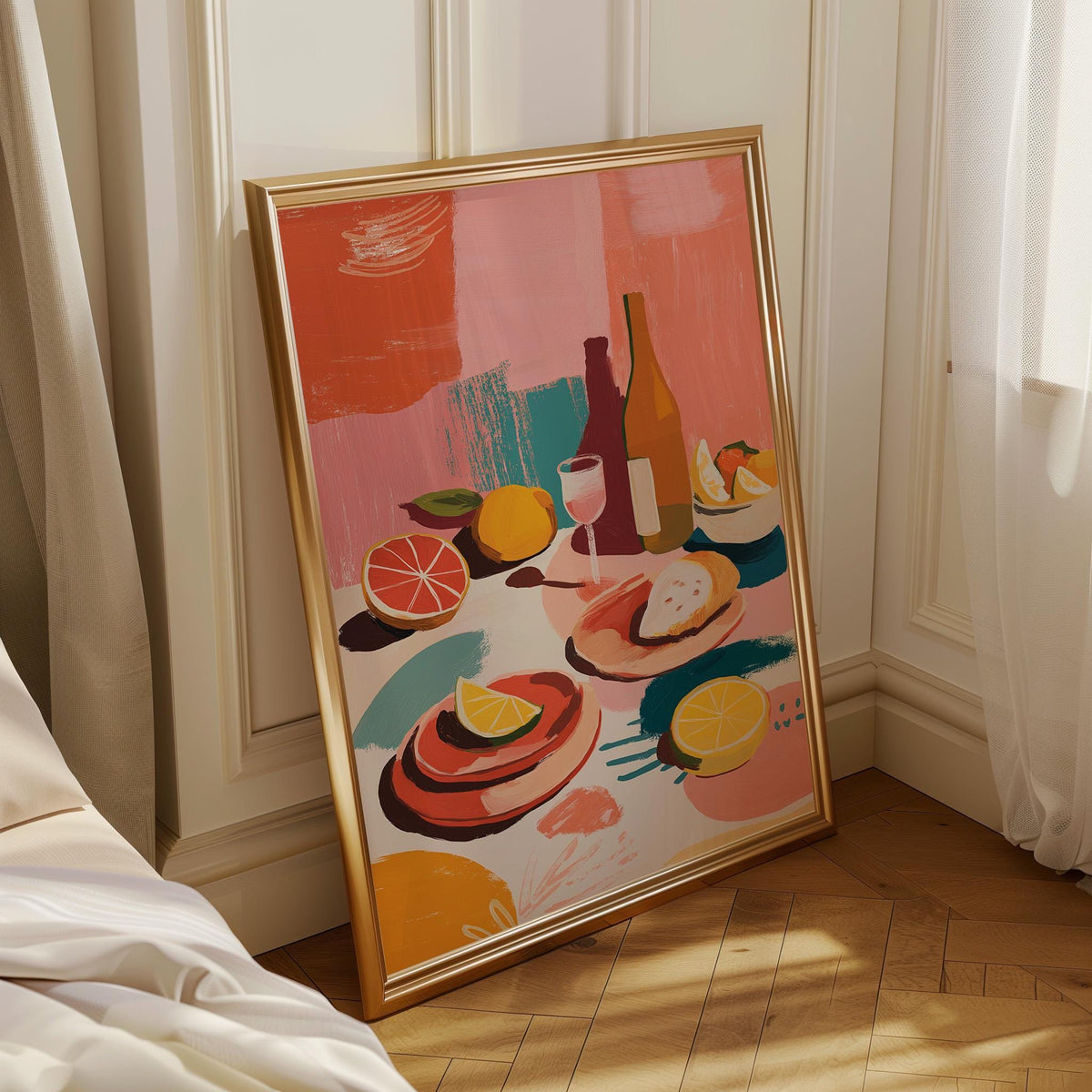 Abstract Food Print, Mediterranean Lemon Wine Poster, Colorful Kitchen Art by The Wall Art Studio - physical